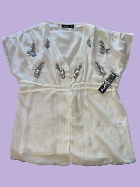 Apt.‎ 9 Tie Waist Sheer Ivory Short Sleeve Blouse with Silver Sequin Feathers